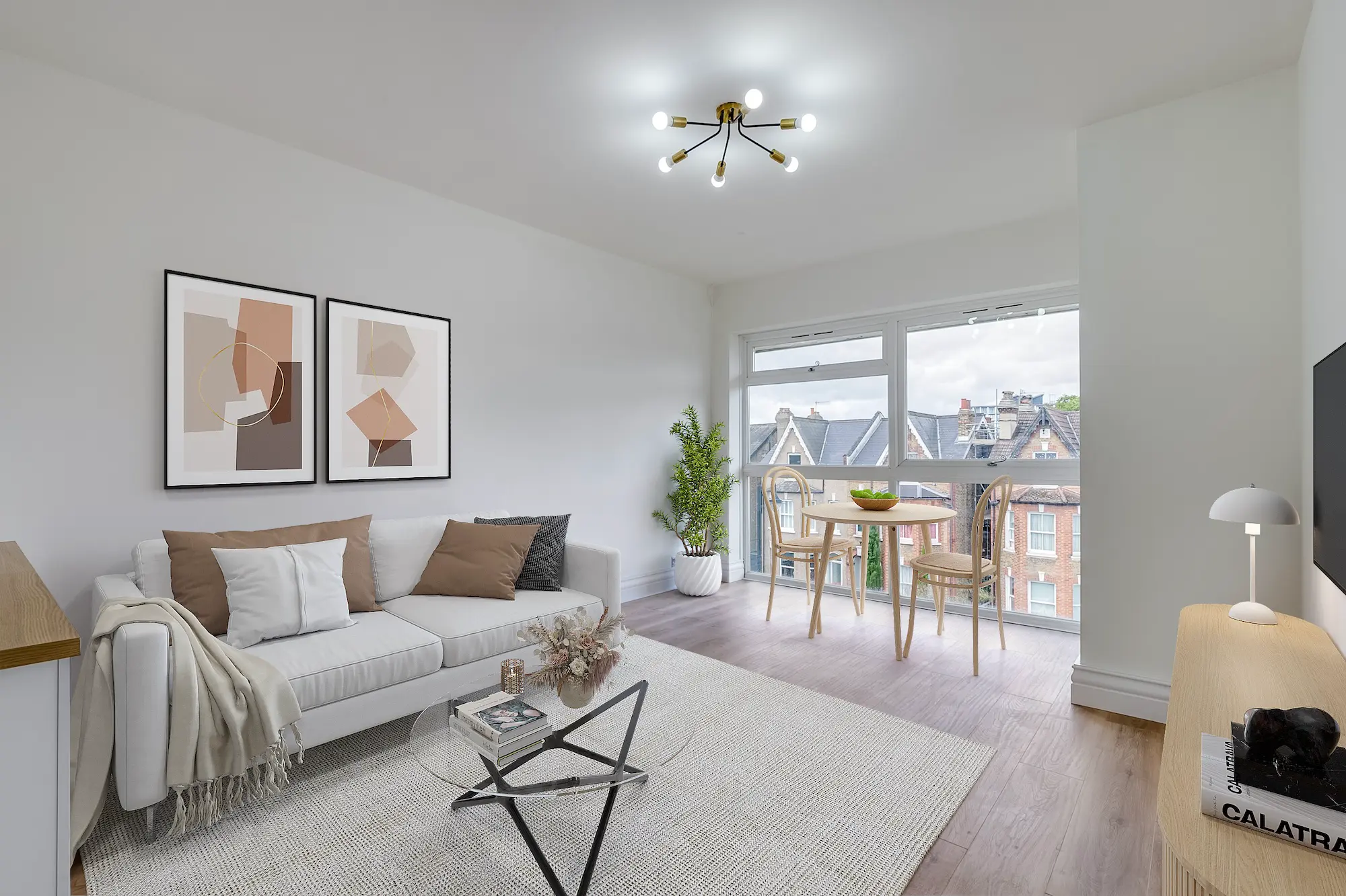 Photo of a white living room of an Apartment and background window setting, for Soper Estates